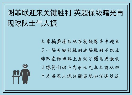 谢菲联迎来关键胜利 英超保级曙光再现球队士气大振