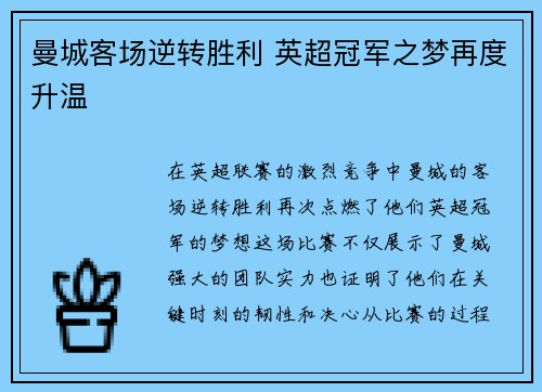 曼城客场逆转胜利 英超冠军之梦再度升温