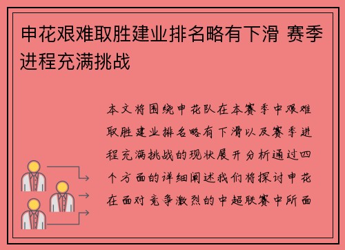 申花艰难取胜建业排名略有下滑 赛季进程充满挑战