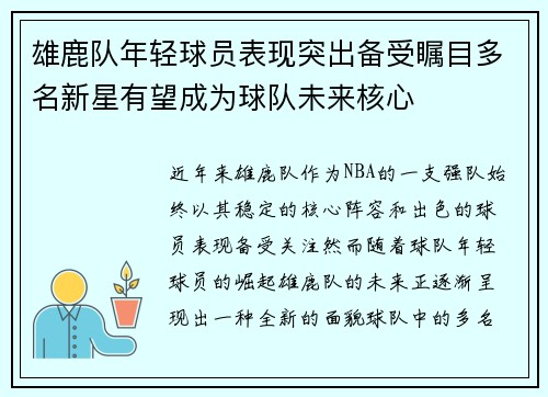 雄鹿队年轻球员表现突出备受瞩目多名新星有望成为球队未来核心
